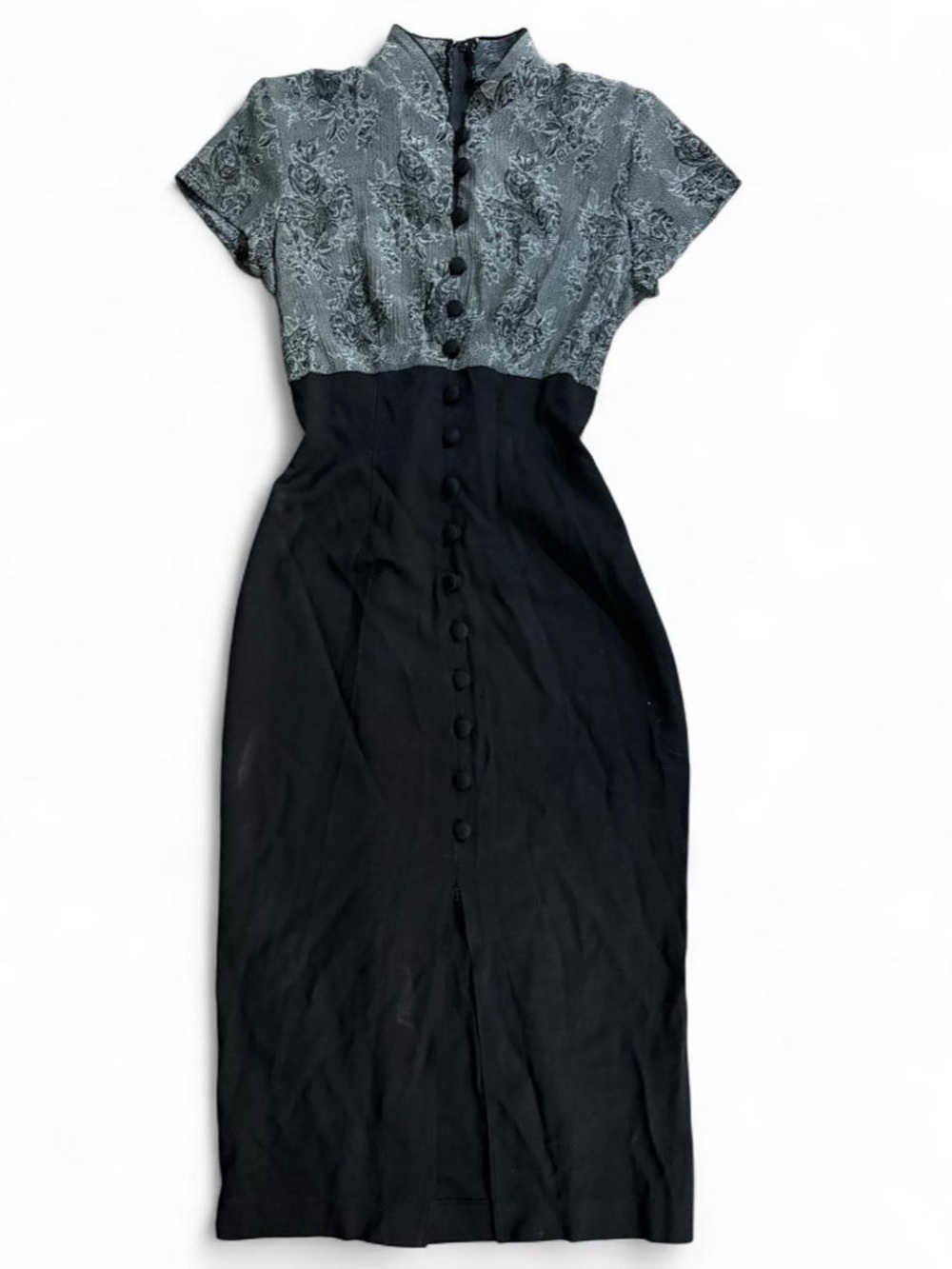 Vintage 90s Whimsigoth Cheongsam Midi Dress Green Floral Jacquard Black Split S